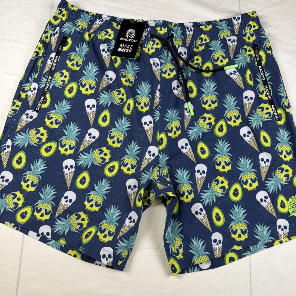 Maczoo Swim Trunks Mens Large Navy Blue Skull Pineapple Avocado Shorts NWT